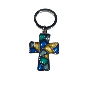 Faux Stain Glass Cross Keychain Silver Tone Blue Yellow Religious